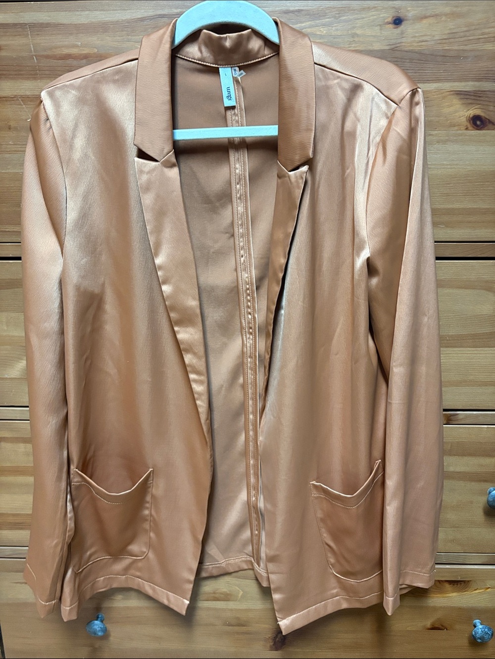 glam Satin Open-Front Blazer in Goldish-Brown